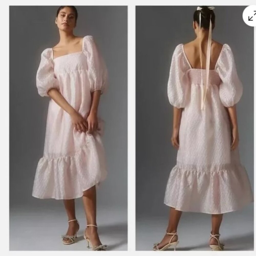 NWT By Anthropologie Textured Pink Puff-Sleeve Dress